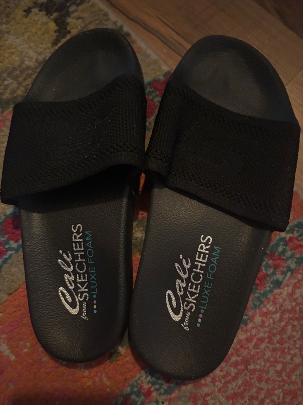 Skechers Black Knit Luxe Foam Slide Sandals